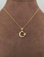 8K Stone-Set Crescent & Star Gold Necklace
