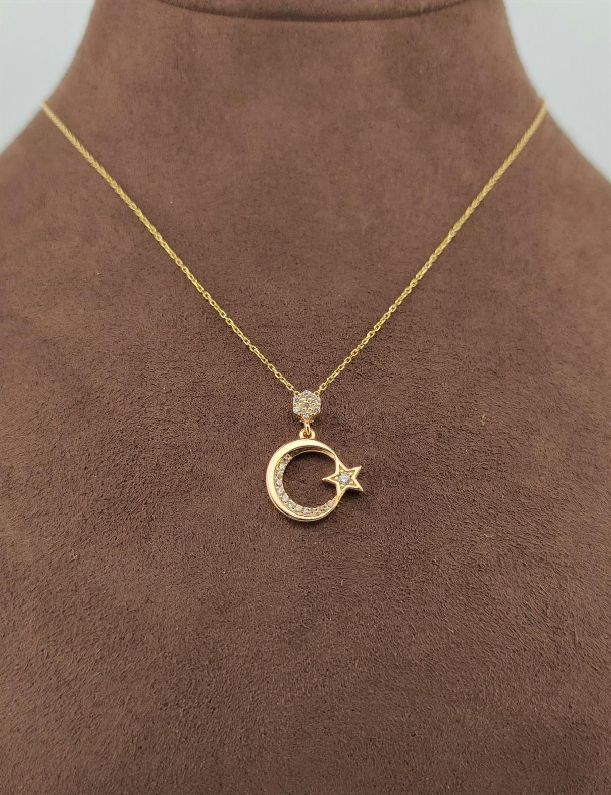 8K Stone-Set Crescent & Star Gold Necklace