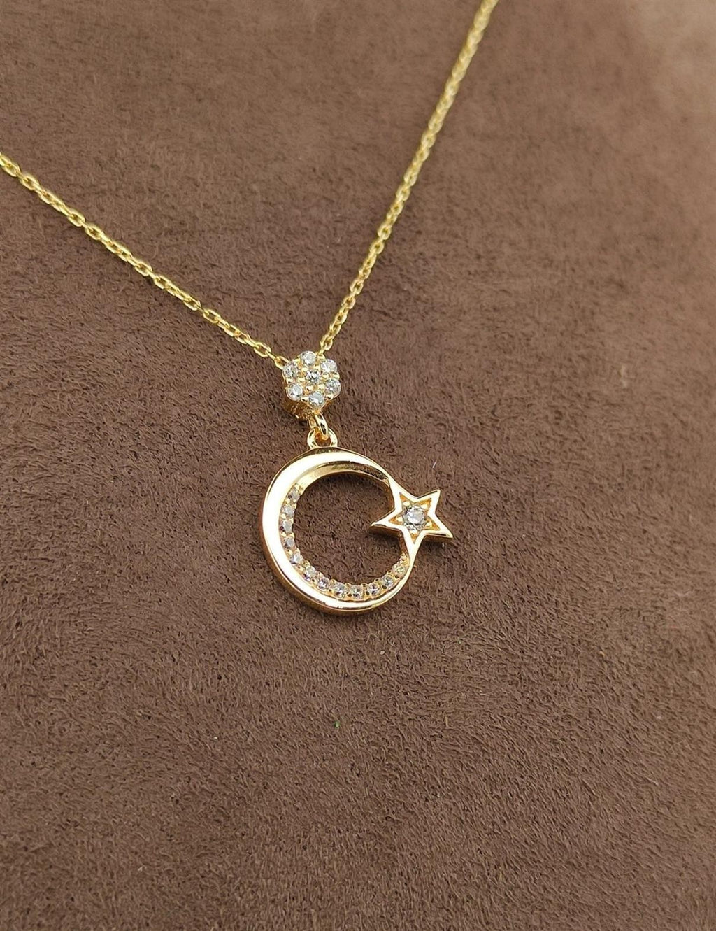 8K Stone-Set Crescent & Star Gold Necklace