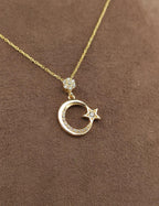 8K Stone-Set Crescent & Star Gold Necklace
