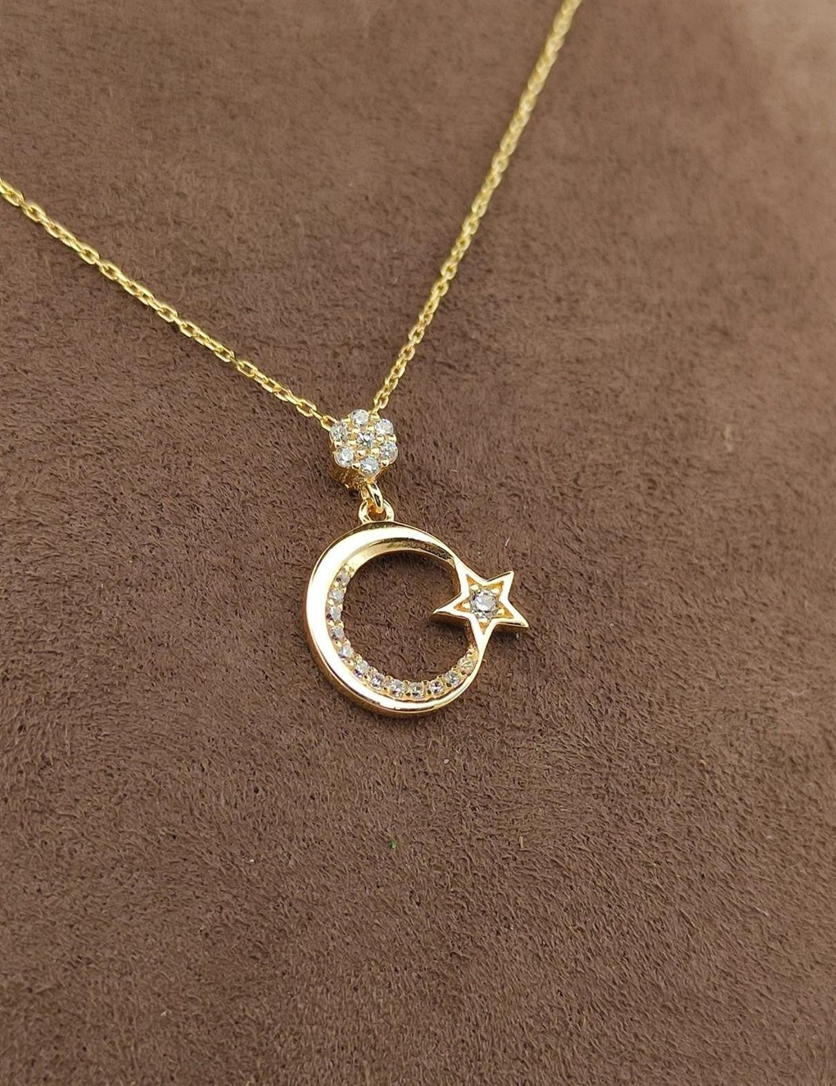 8K Stone-Set Crescent & Star Gold Necklace