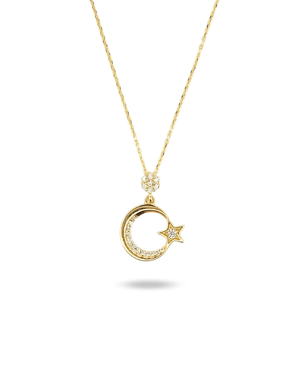 8K Stone-Set Crescent & Star Gold Necklace