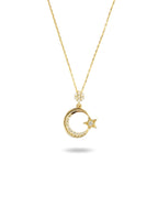 8K Stone-Set Crescent & Star Gold Necklace