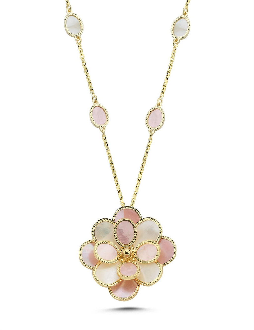 Pink White Mother-of-Pearl Modern Floral Gold Necklace