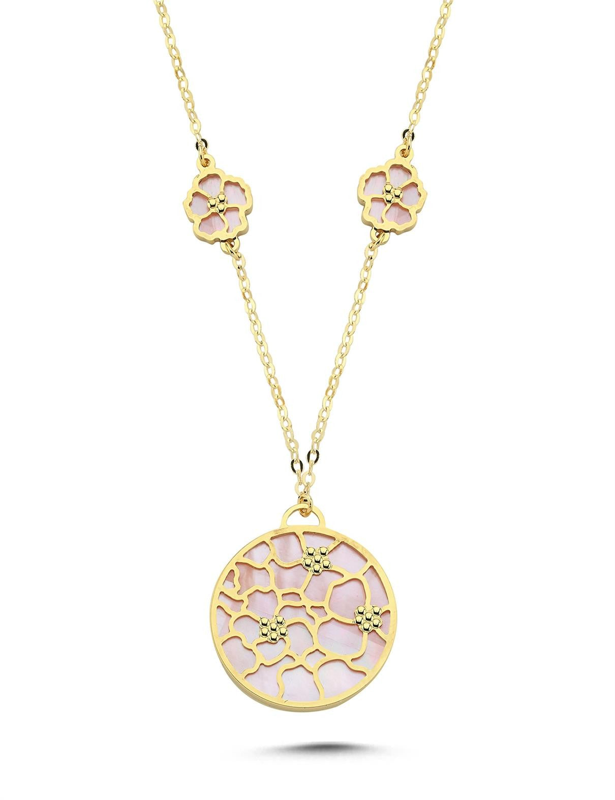 Reversible Pink White Mother-of-Pearl Floral Modern Gold Necklace