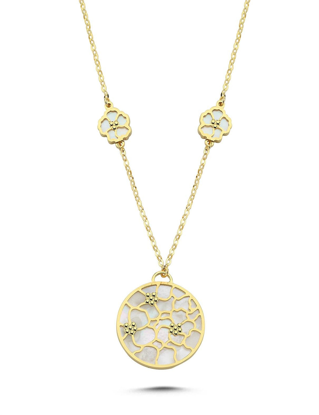 Reversible Pink White Mother-of-Pearl Floral Modern Gold Necklace
