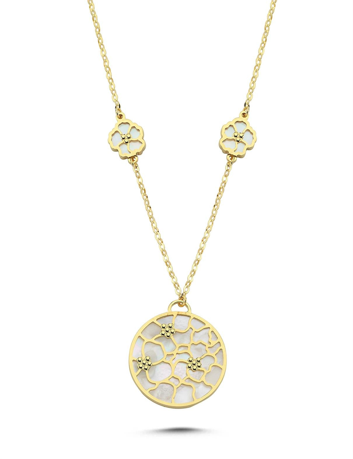 Reversible Pink White Mother-of-Pearl Floral Modern Gold Necklace