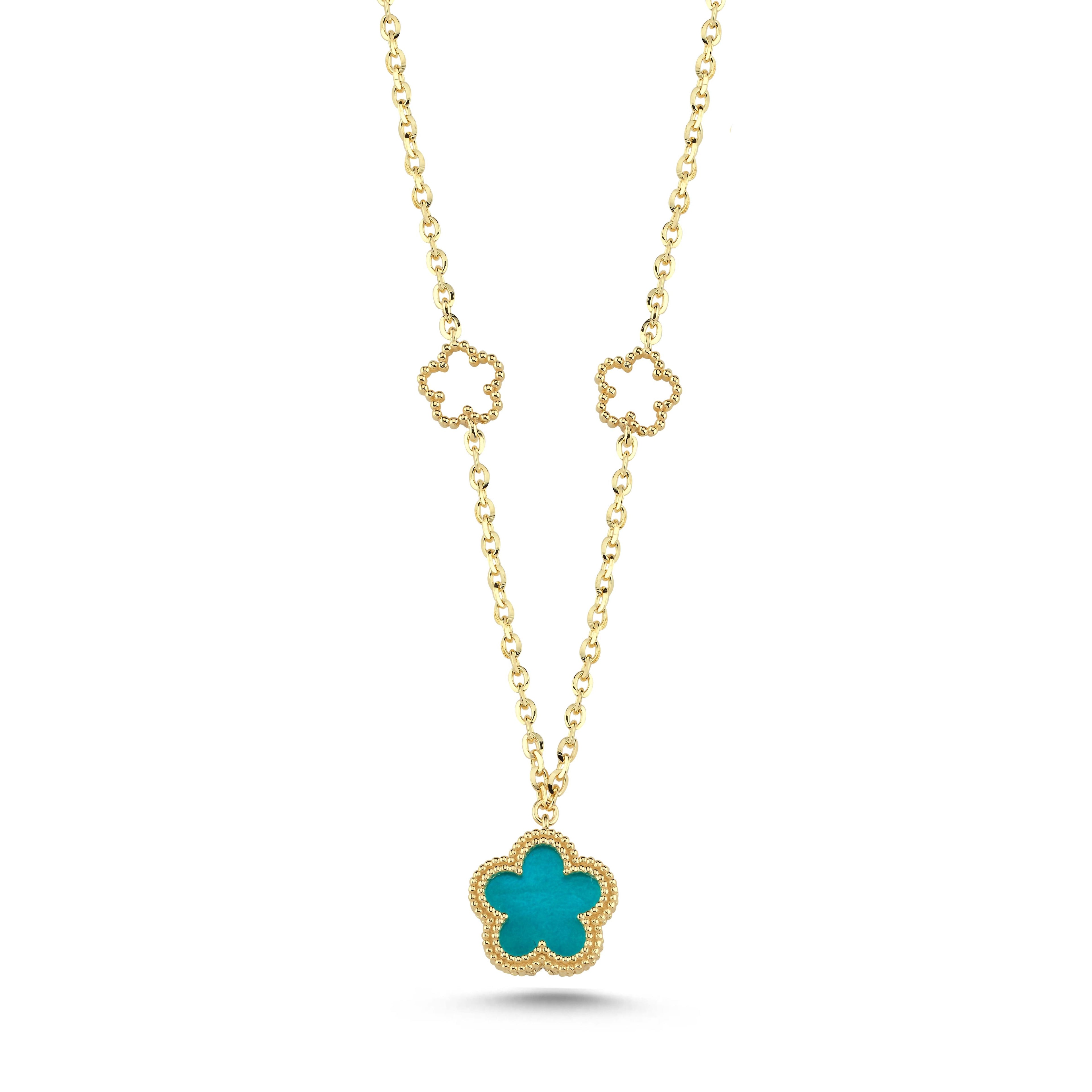 Reversible Turquoise White Mother-of-Pearl Floral Gold Necklace