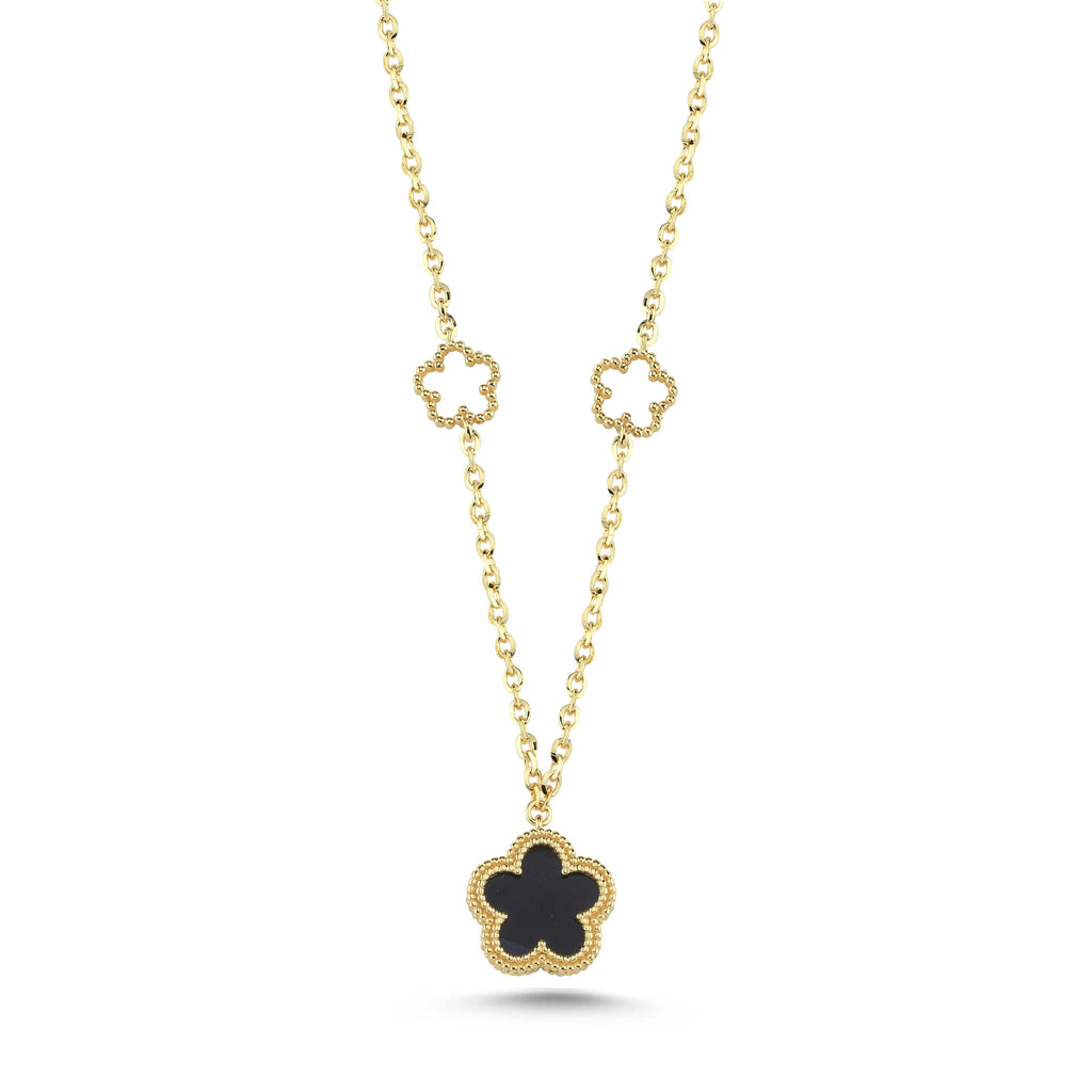 Reversible Black White Mother-of-Pearl Floral Gold Necklace