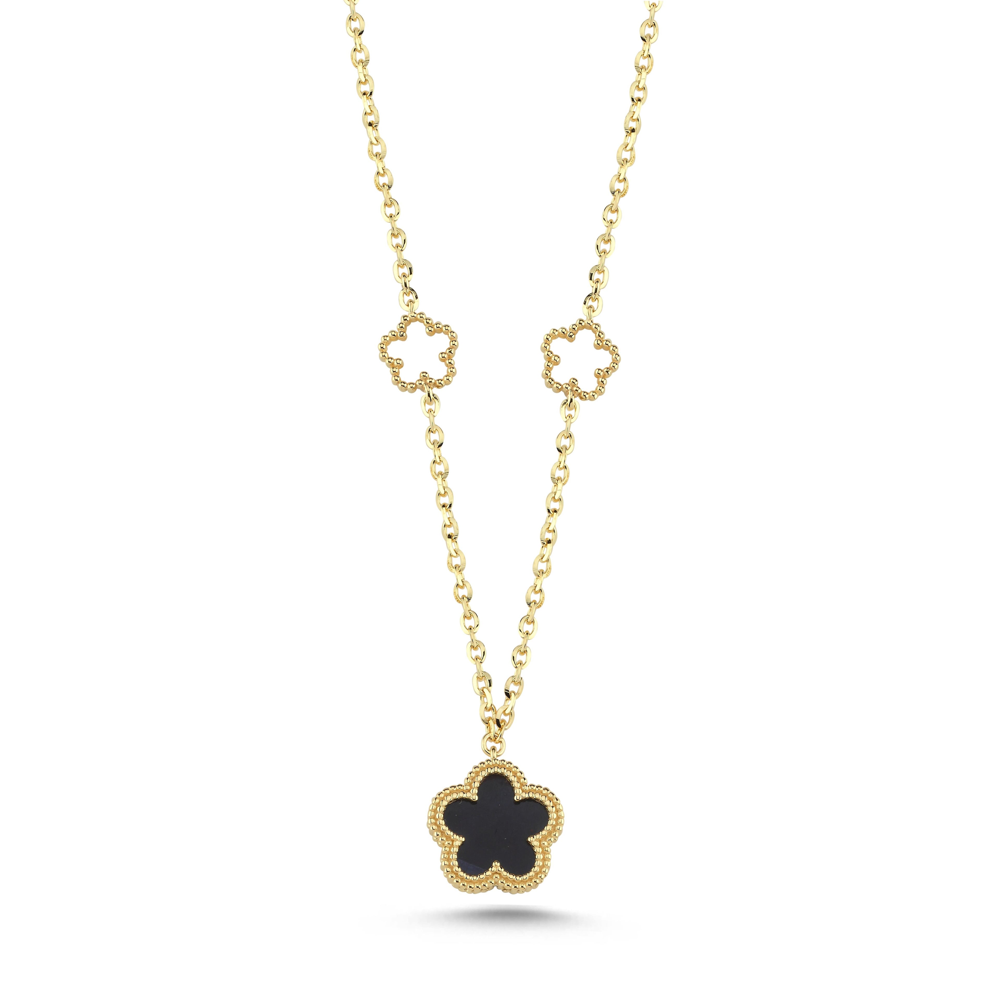 Reversible Black White Mother-of-Pearl Floral Gold Necklace