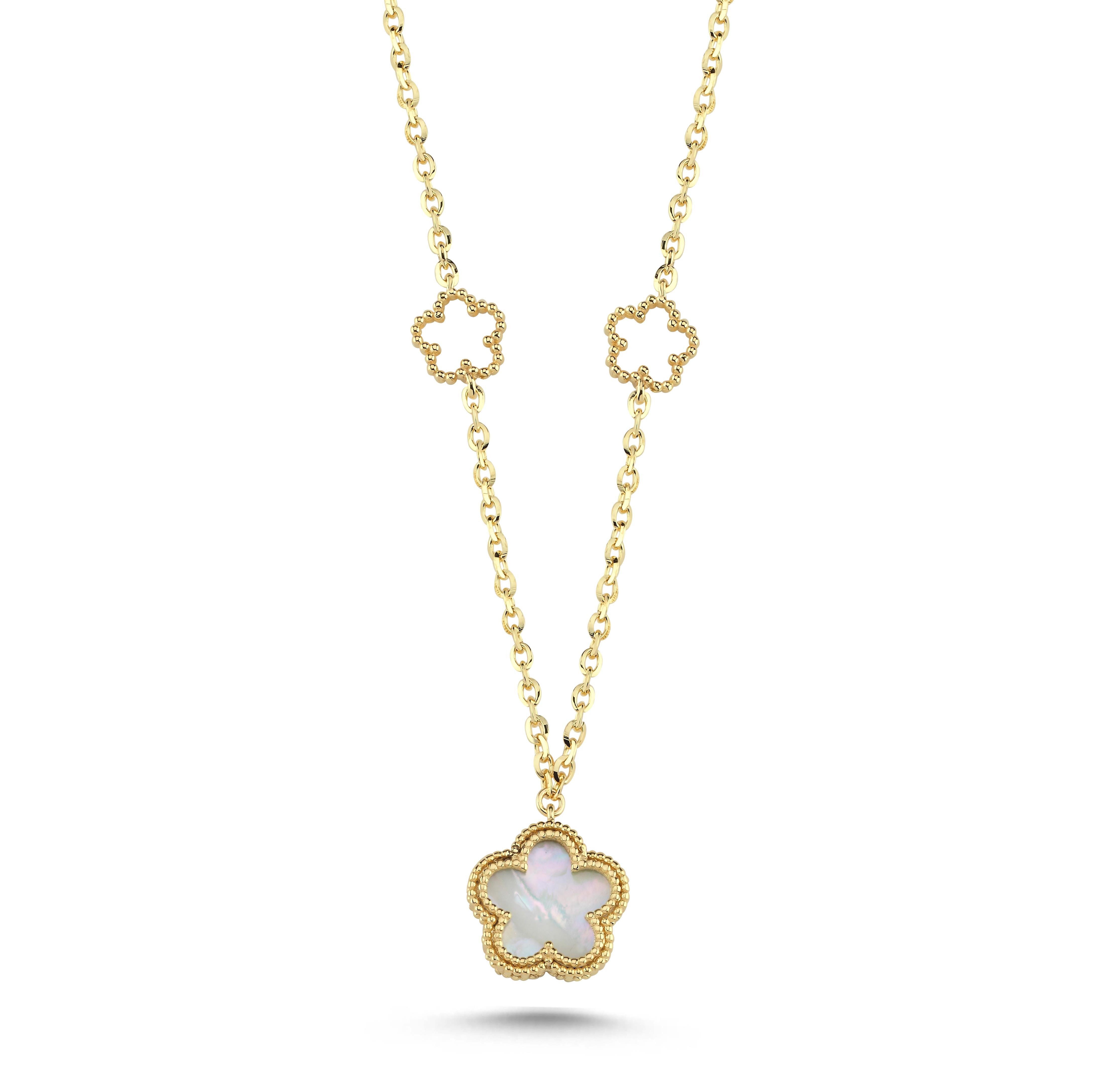 Reversible Green White Mother-of-Pearl Floral Gold Necklace Main image