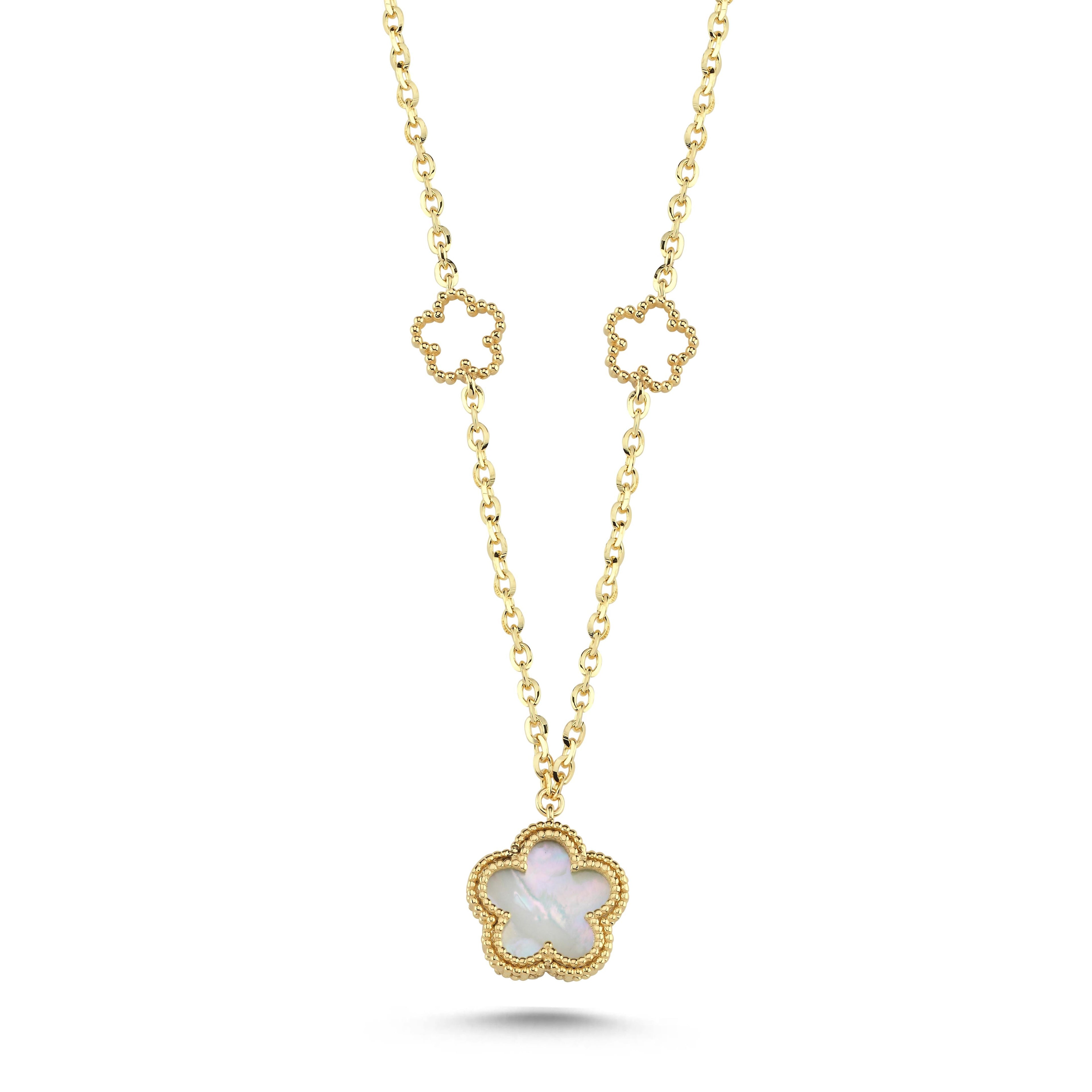 Reversible Green White Mother-of-Pearl Floral Gold Necklace