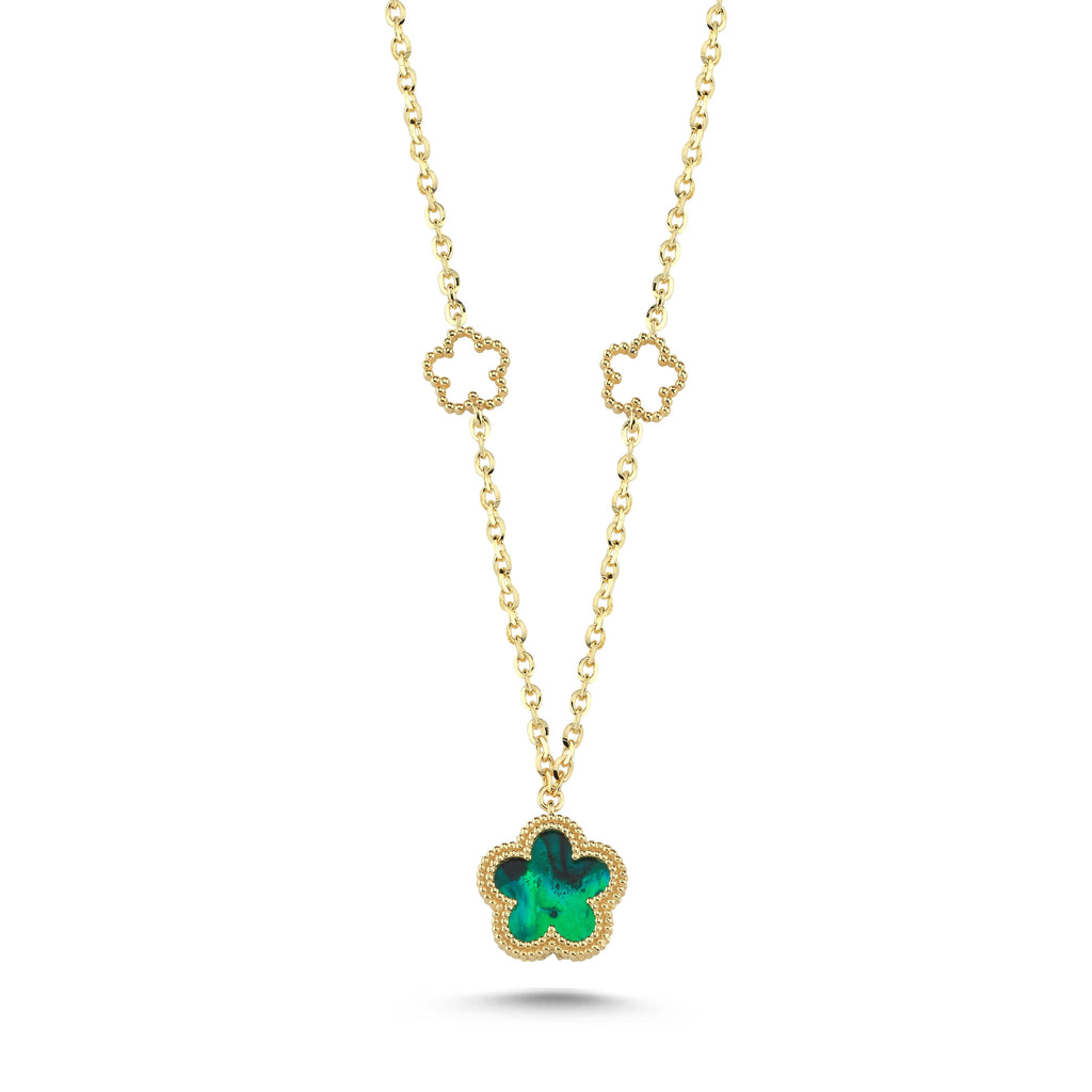 Reversible Green White Mother-of-Pearl Floral Gold Necklace