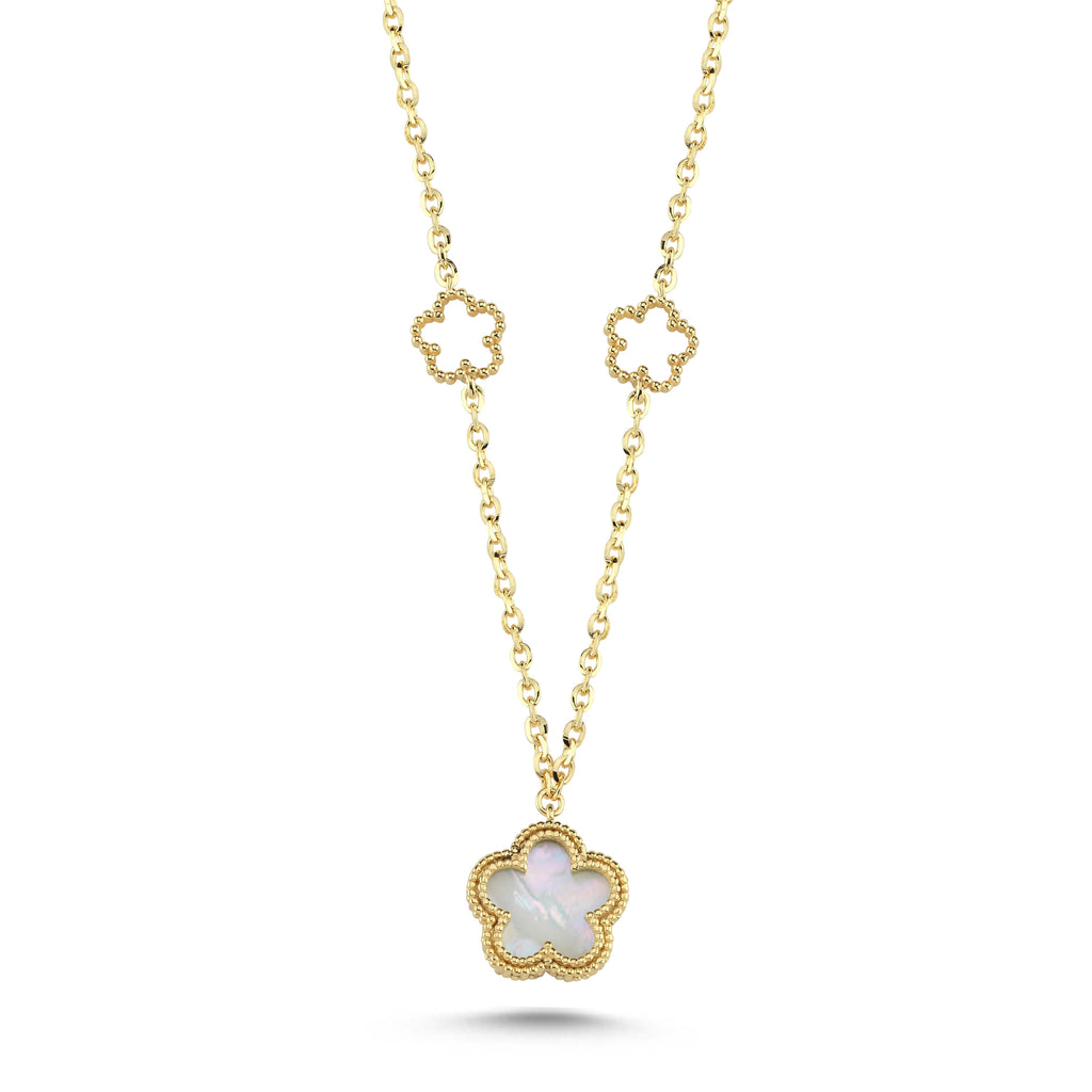 Reversible Pink White Mother-of-Pearl Floral Gold Necklace