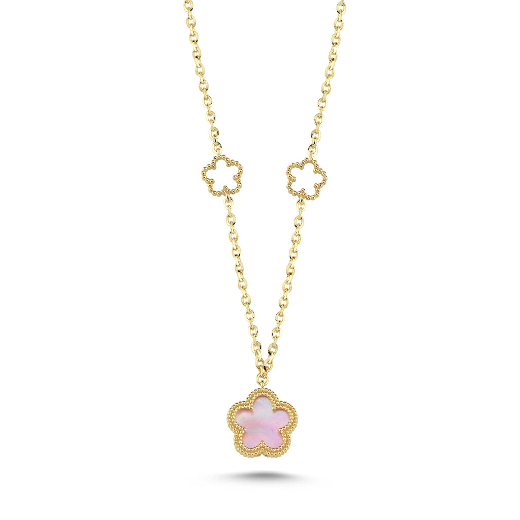 Reversible Pink White Mother-of-Pearl Floral Gold Necklace