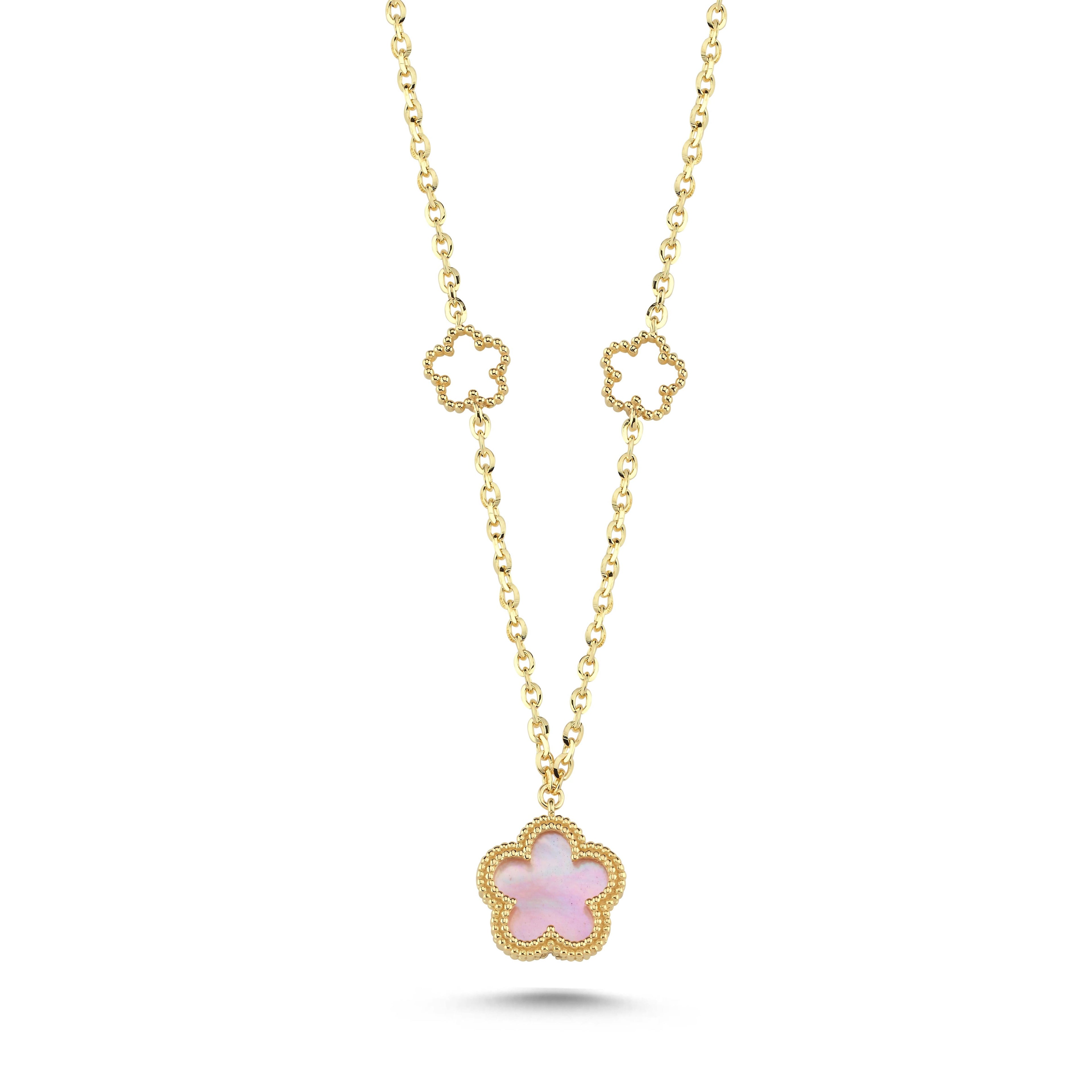 Reversible Pink White Mother-of-Pearl Floral Gold Necklace