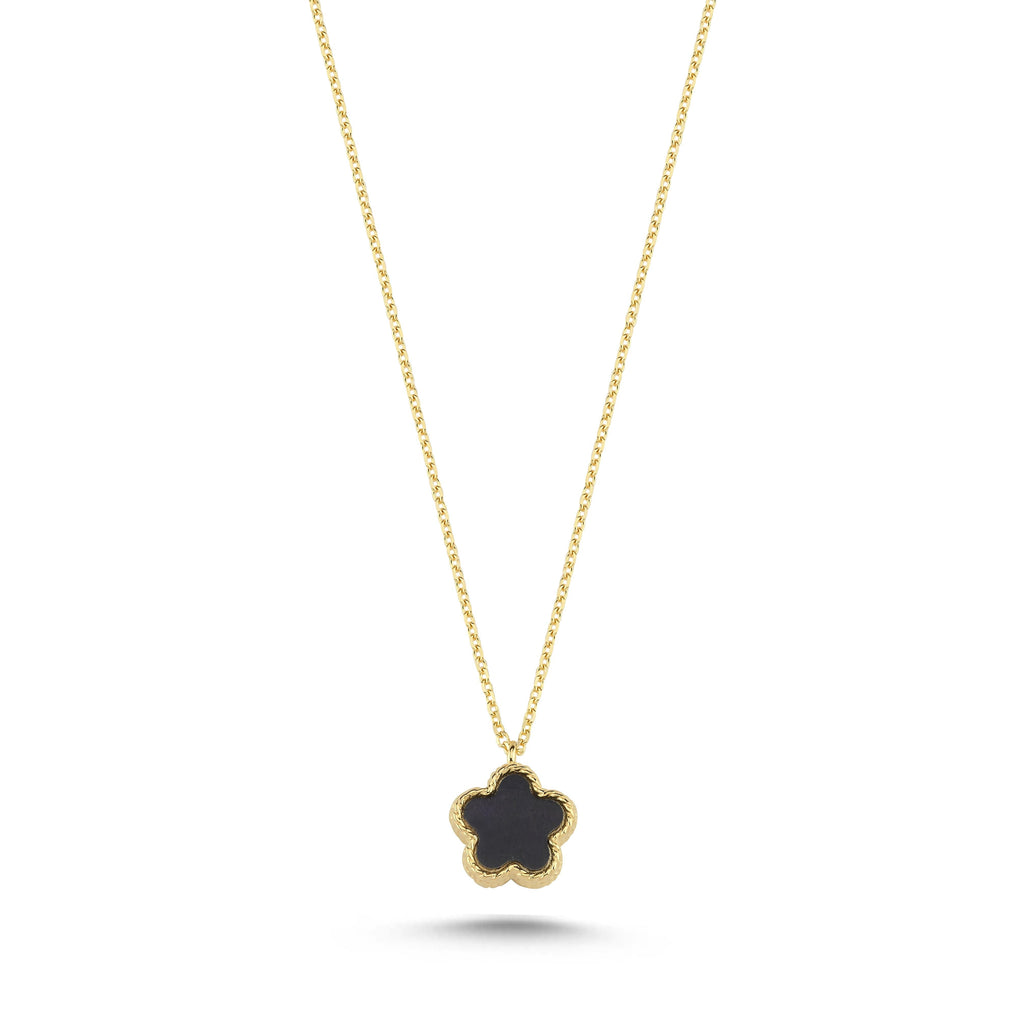 Reversible Black White Mother-of-Pearl Small Floral Gold Necklace