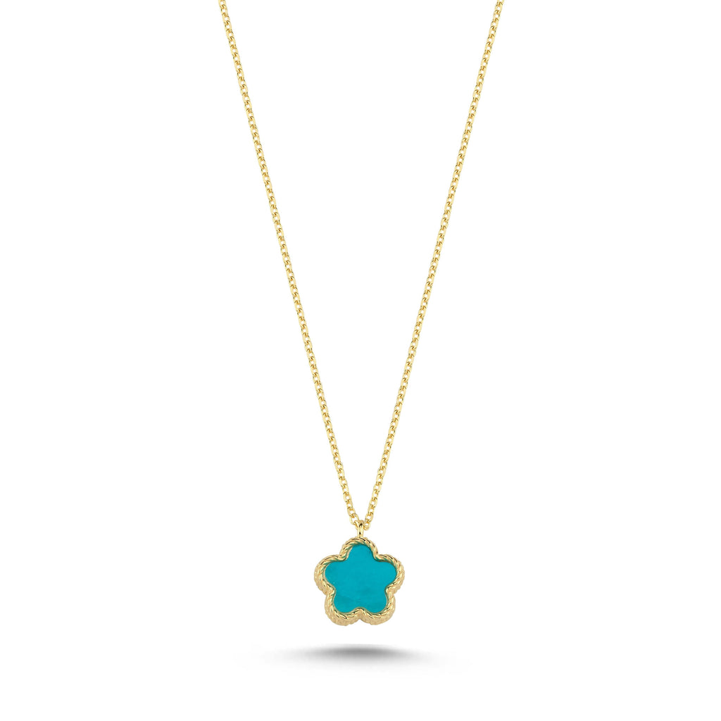 Reversible Turquoise White Mother-of-Pearl Small Floral Gold Necklace