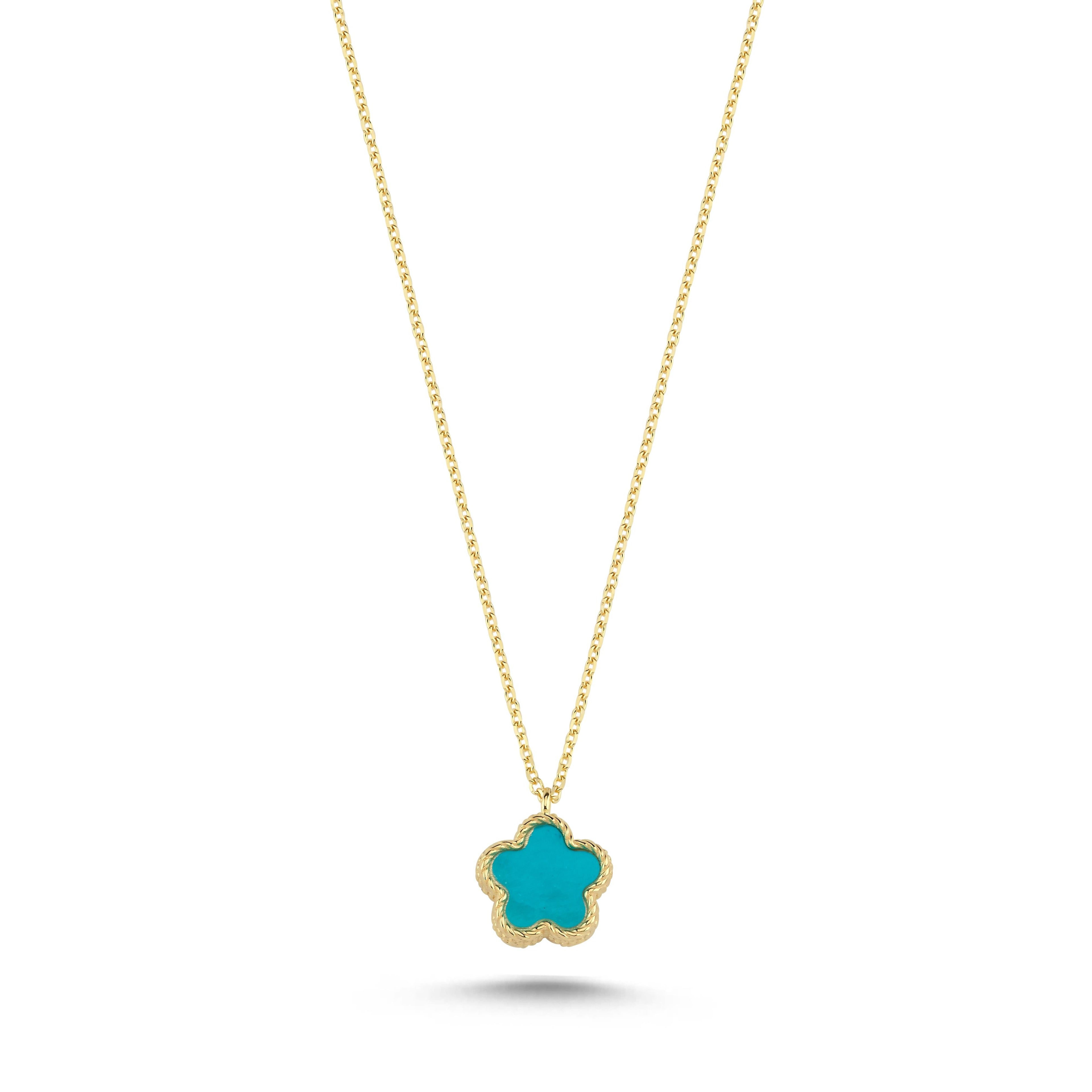 Reversible Turquoise White Mother-of-Pearl Small Floral Gold Necklace