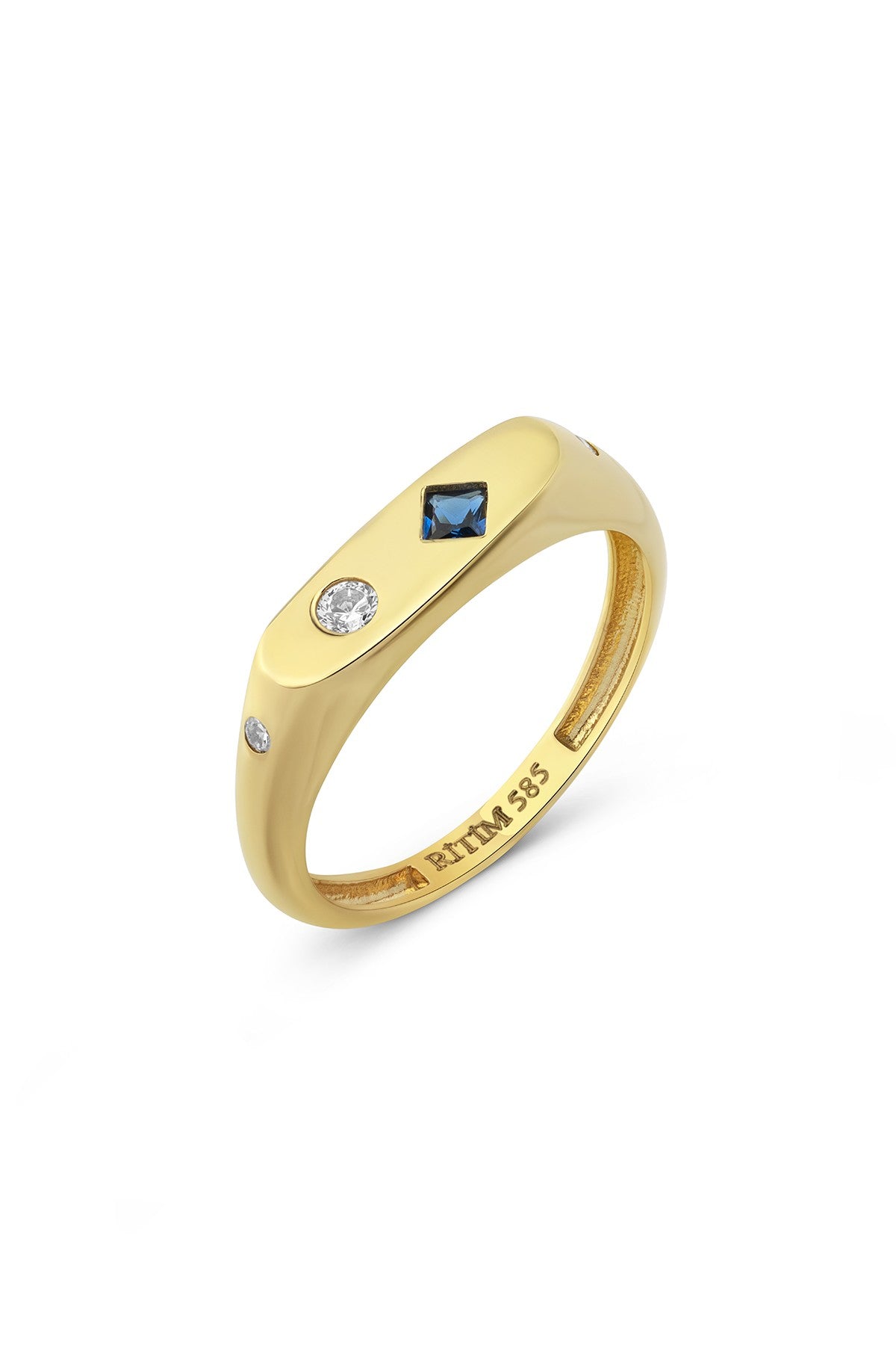 Rectangular Blue Stone-Set Pinky Gold Ring Main image