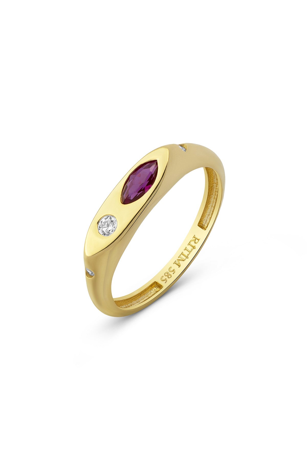 Diamond-Cut Burgundy Stone-Set Pinky Gold Ring
