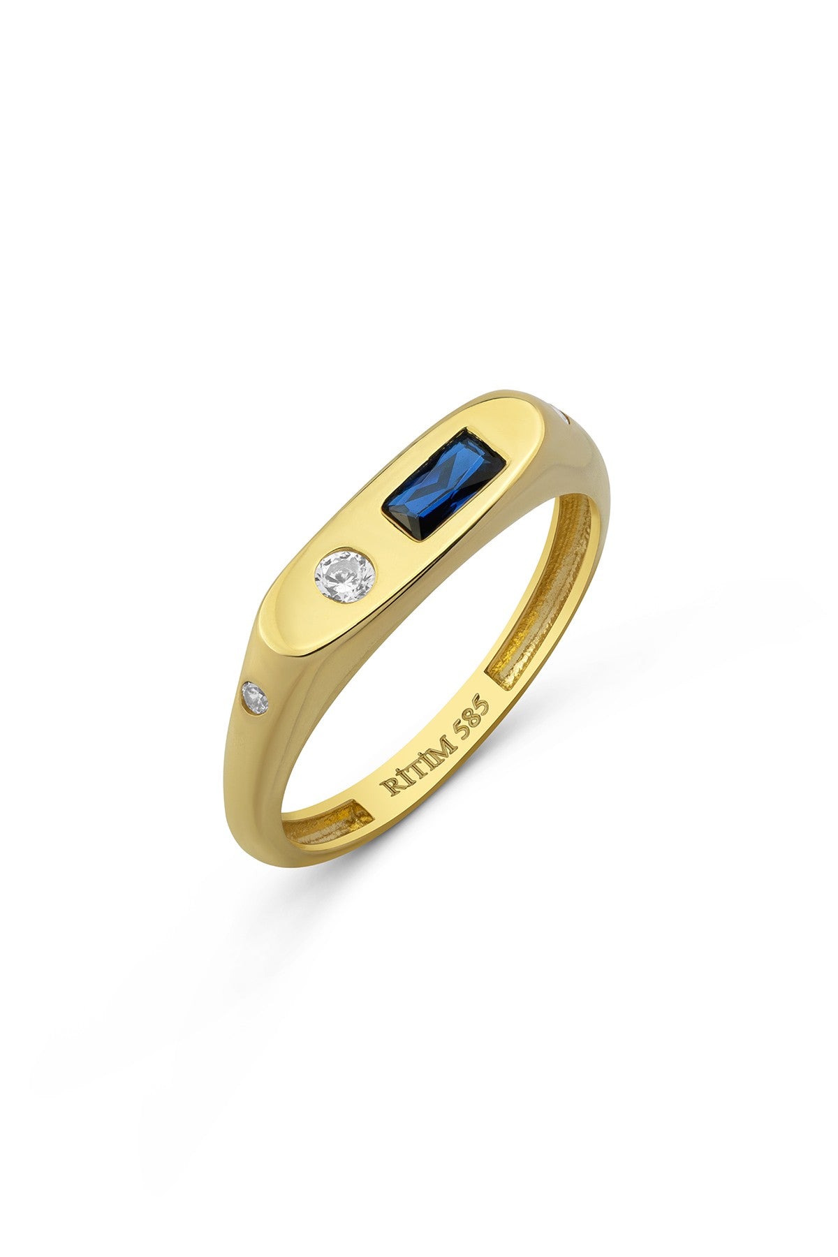 Rectangular Blue Stone-Set Pinky Gold Ring