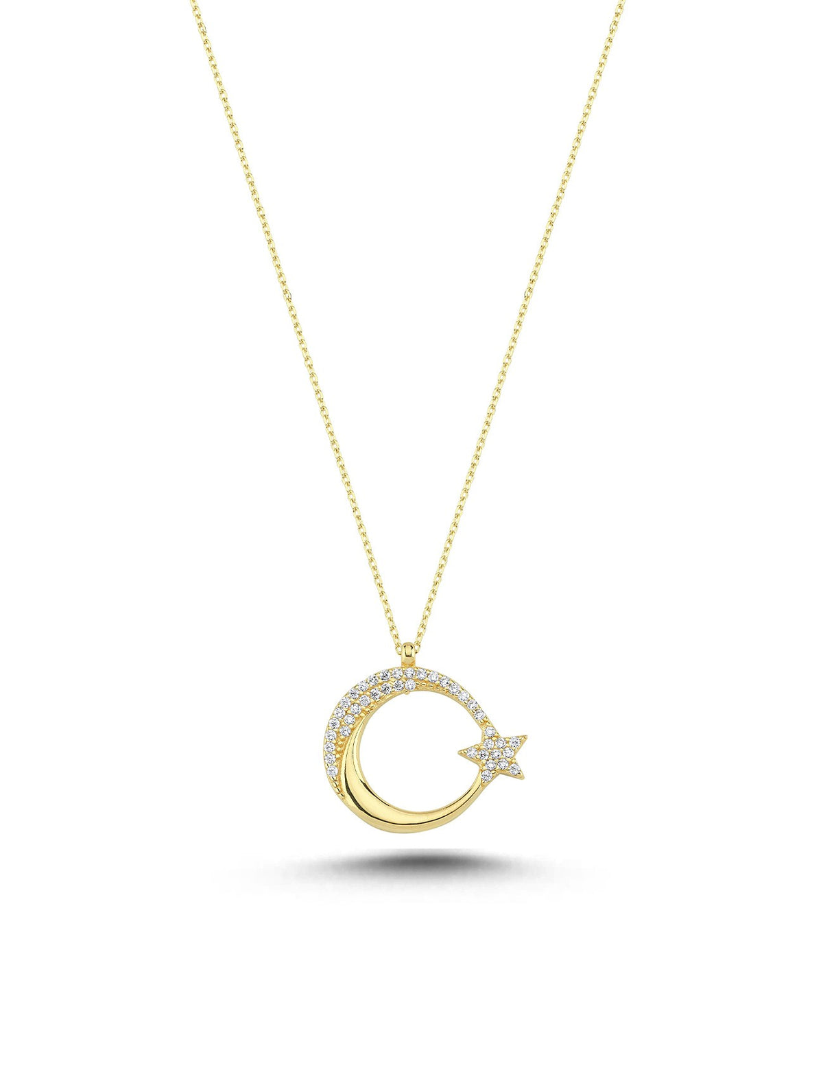 14K Stone-Set Large Crescent & Star Gold Necklace Main image