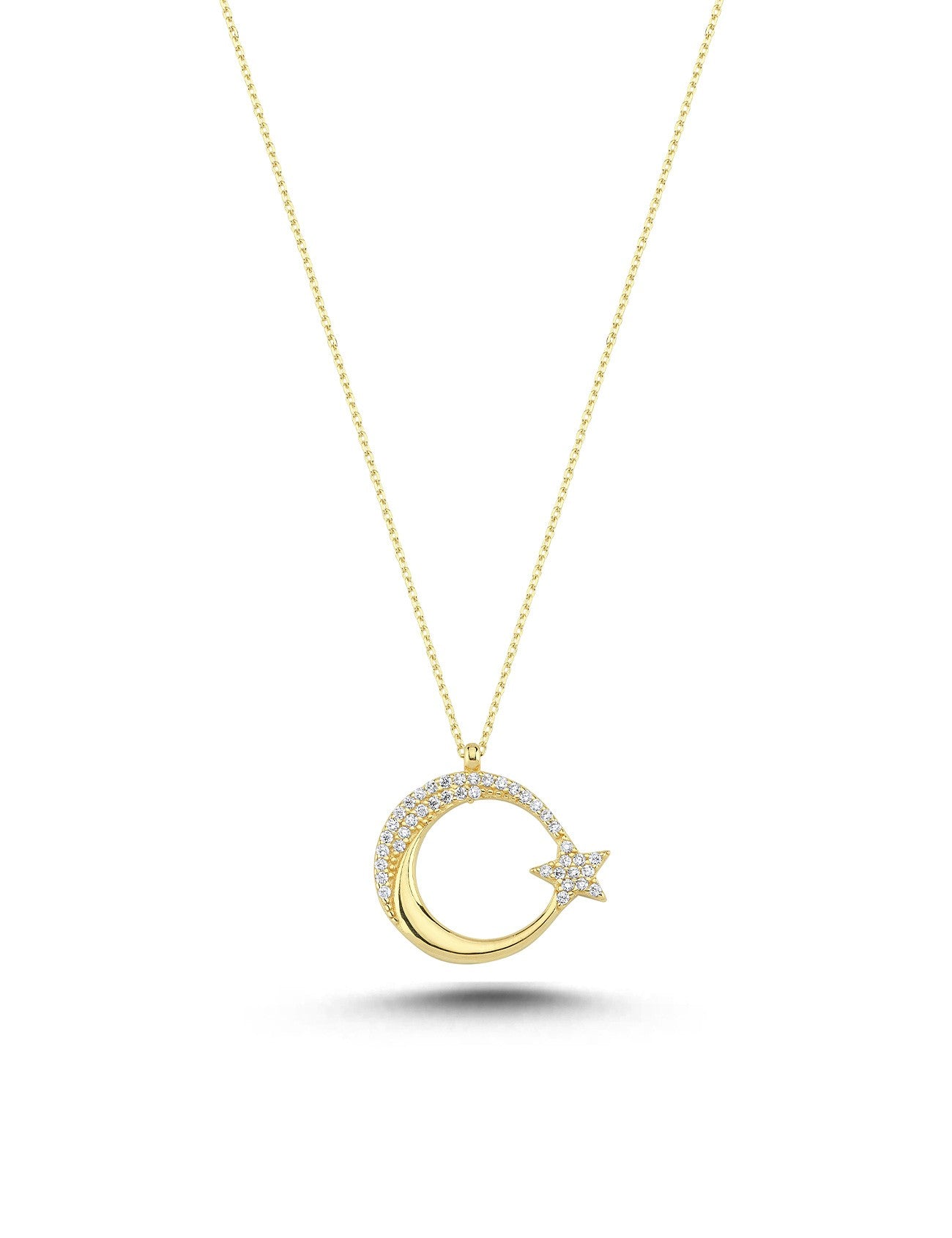 14K Stone-Set Large Crescent & Star Gold Necklace