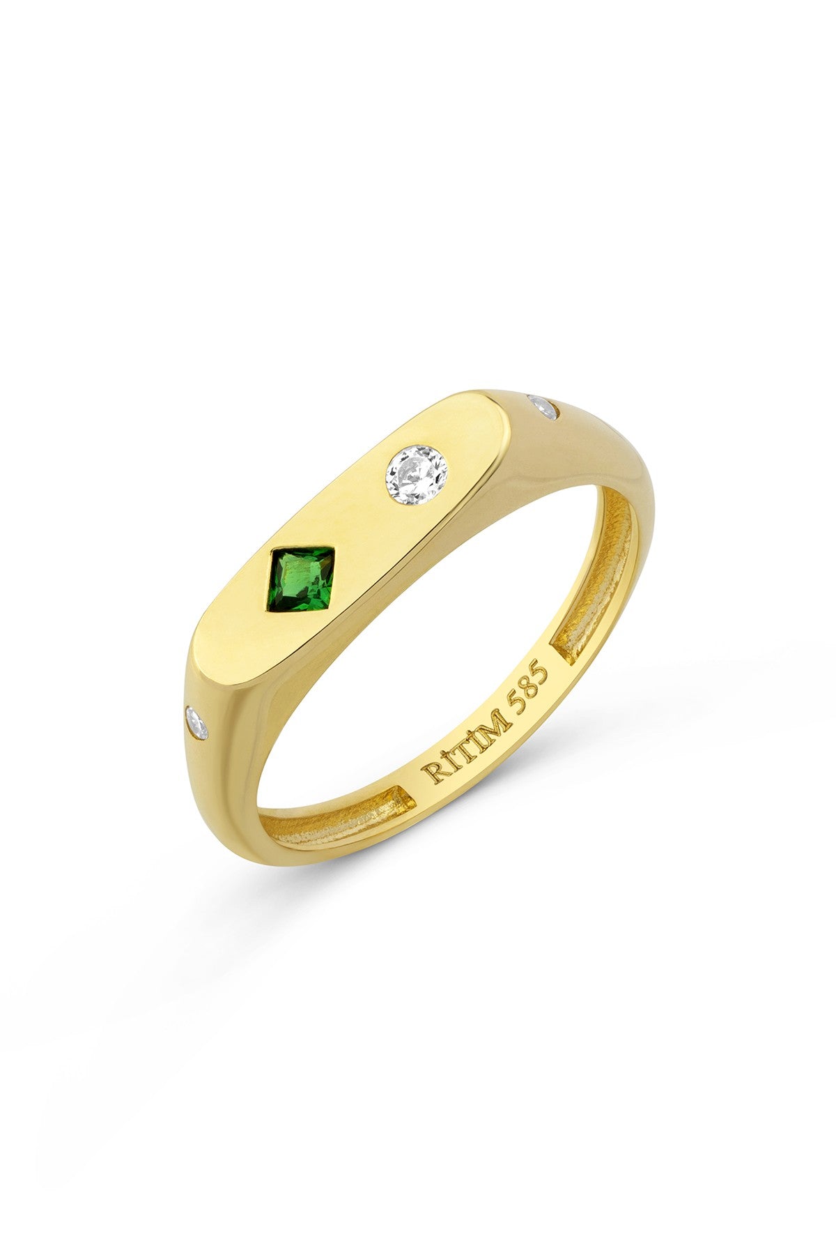 Rectangular Green Stone-Set Pinky Gold Ring Main image