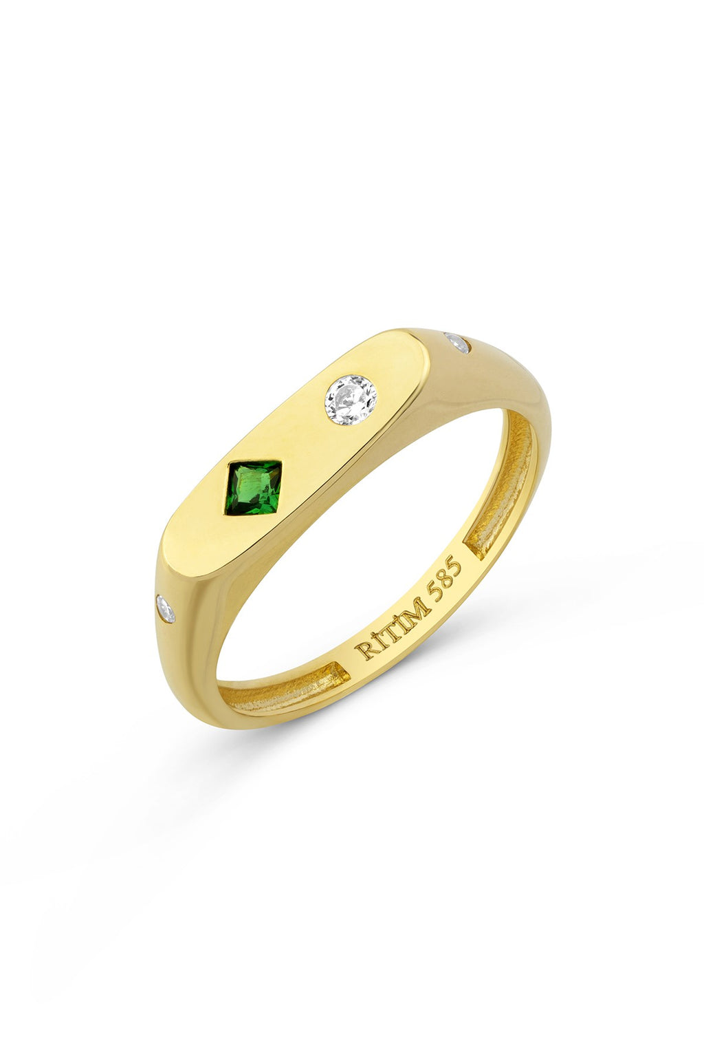 Rectangular Green Stone-Set Pinky Gold Ring