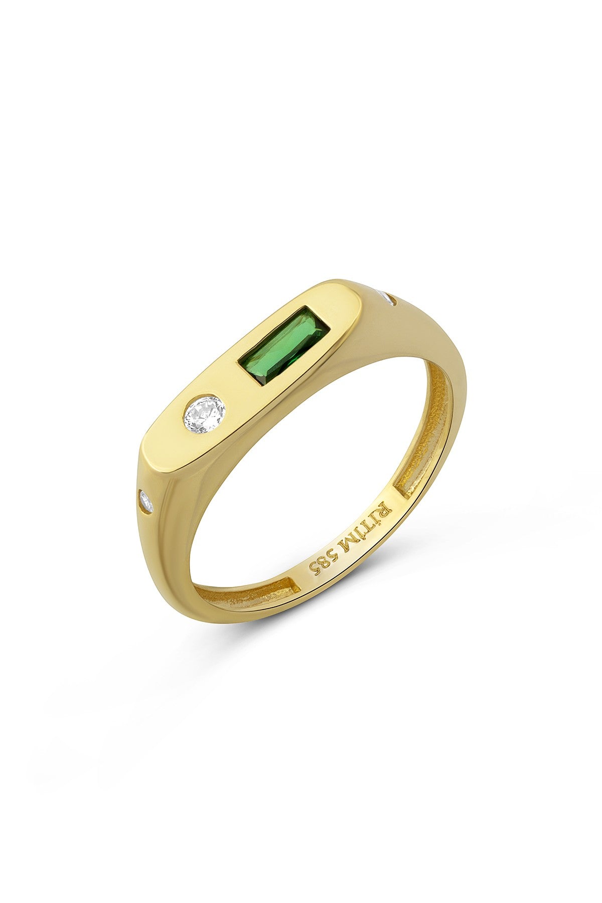 Rectangular Green Stone-Set Pinky Gold Ring