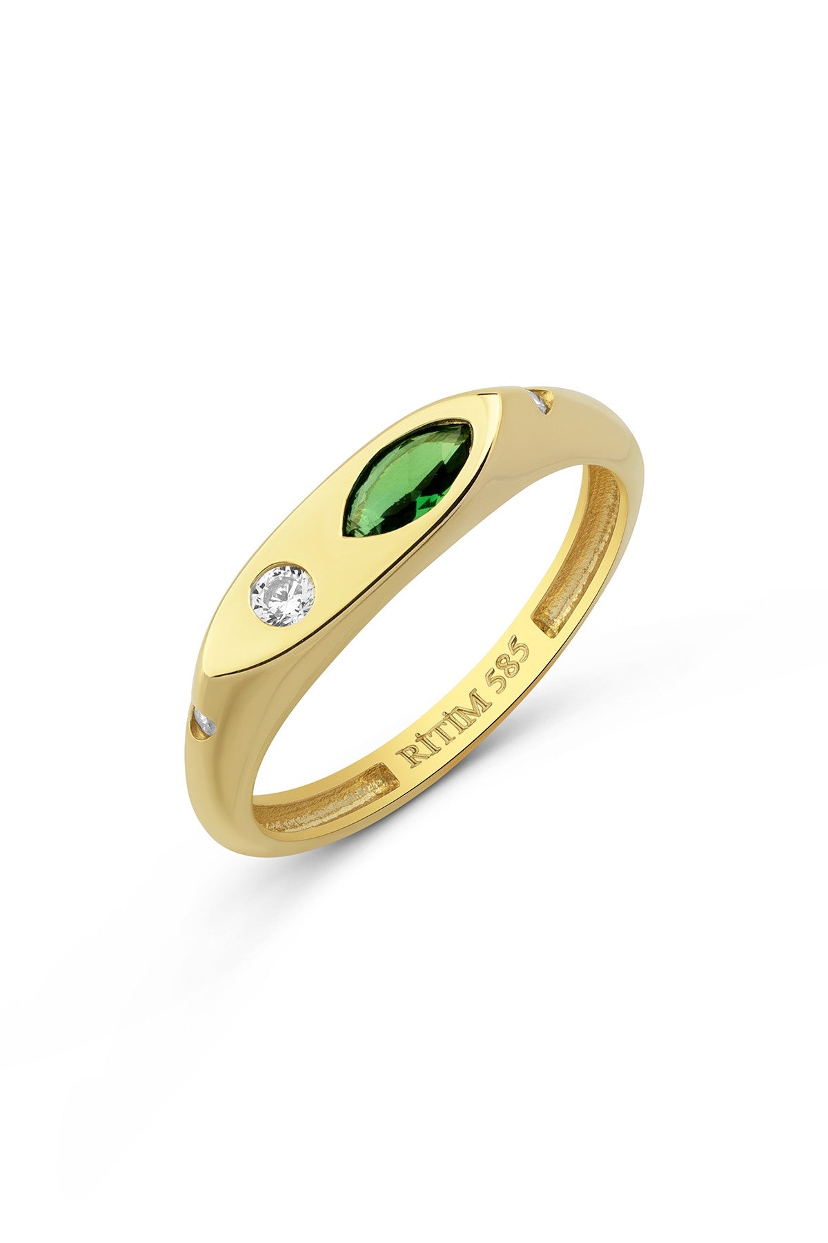 Diamond-Shaped Green Stone-Set Pinky Gold Ring Main image