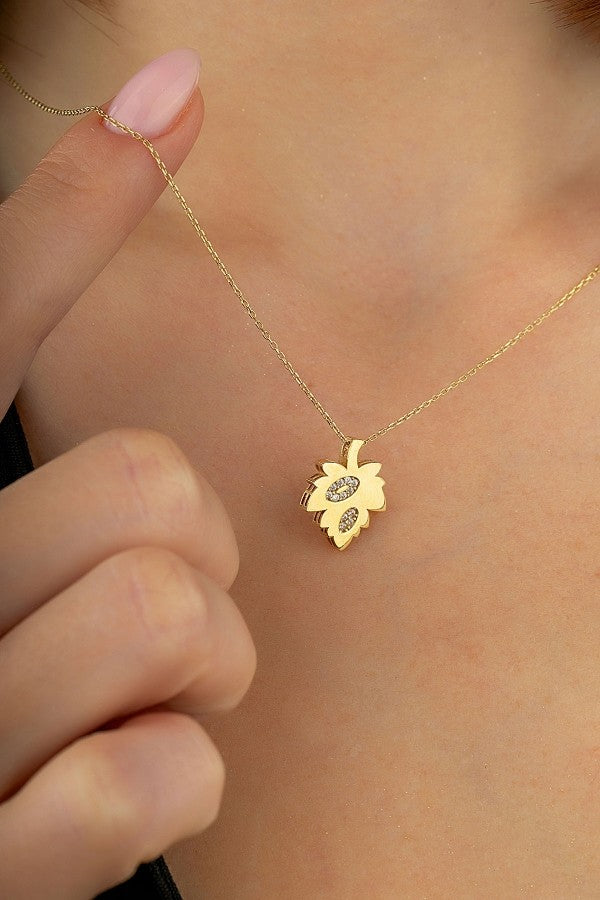 14K Zircon Stone-Set Leaf Gold Necklace