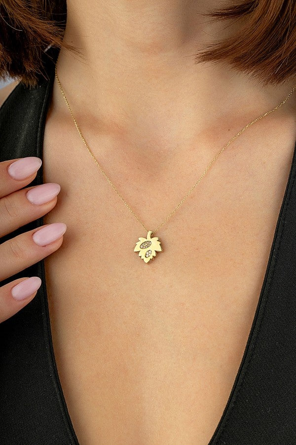 14K Zircon Stone-Set Leaf Gold Necklace