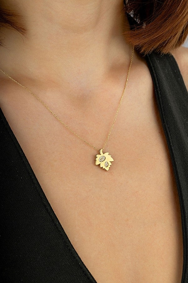 14K Zircon Stone-Set Leaf Gold Necklace