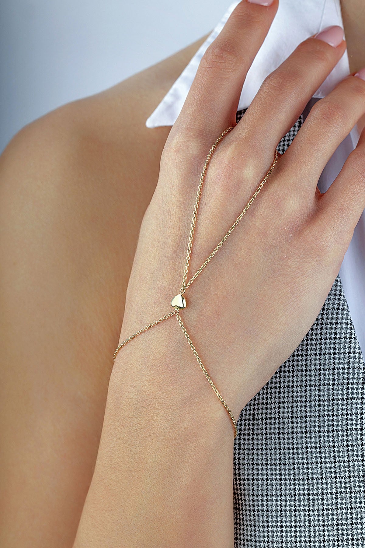 14K Tiny Heart Gold Hand Chain Bracelet Secondary image