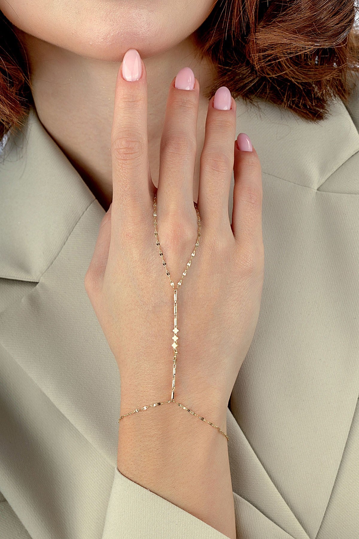 14K Boomerang Gold Hand Chain Bracelet