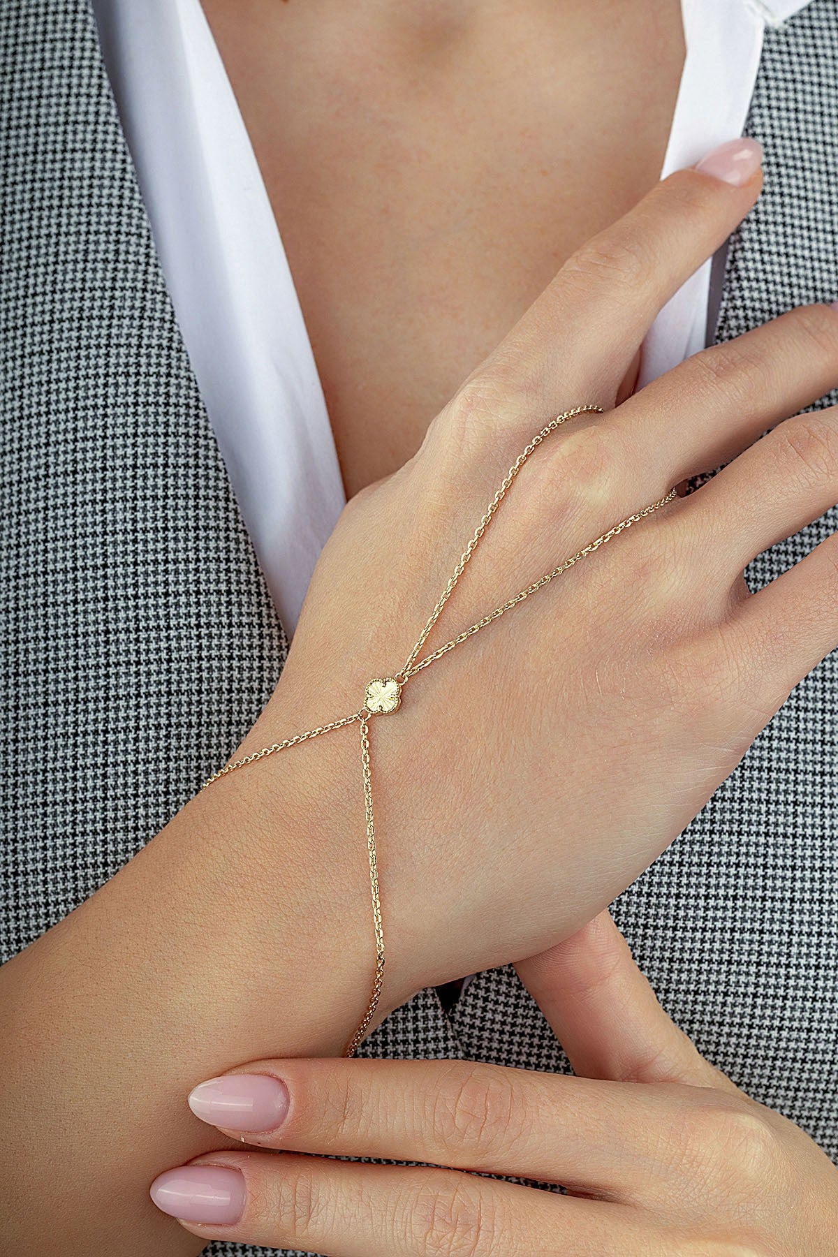 14K Clover Gold Hand Chain Bracelet Secondary image