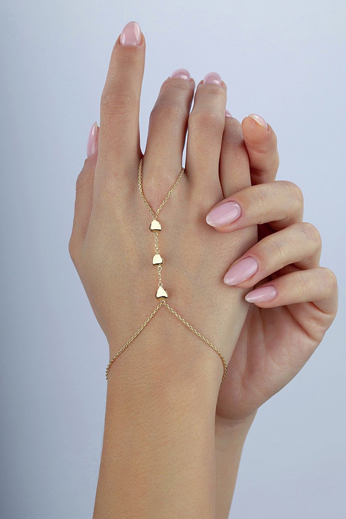 14K 3 Heart Gold Hand Chain Bracelet
