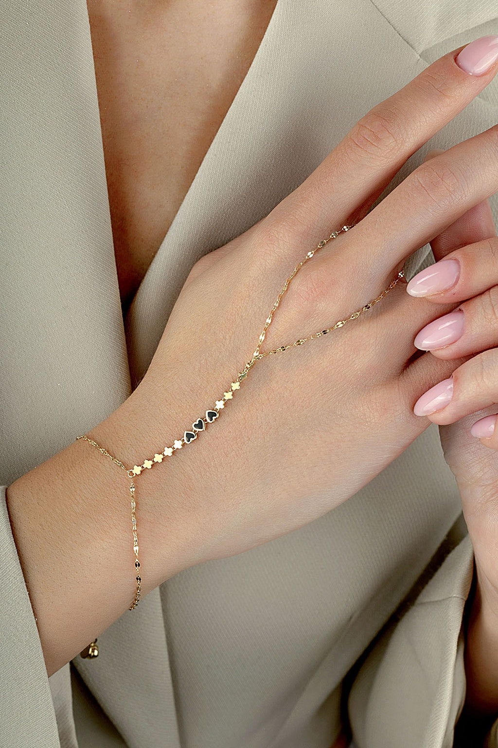 14K 3 Heart Gold Hand Chain Bracelet