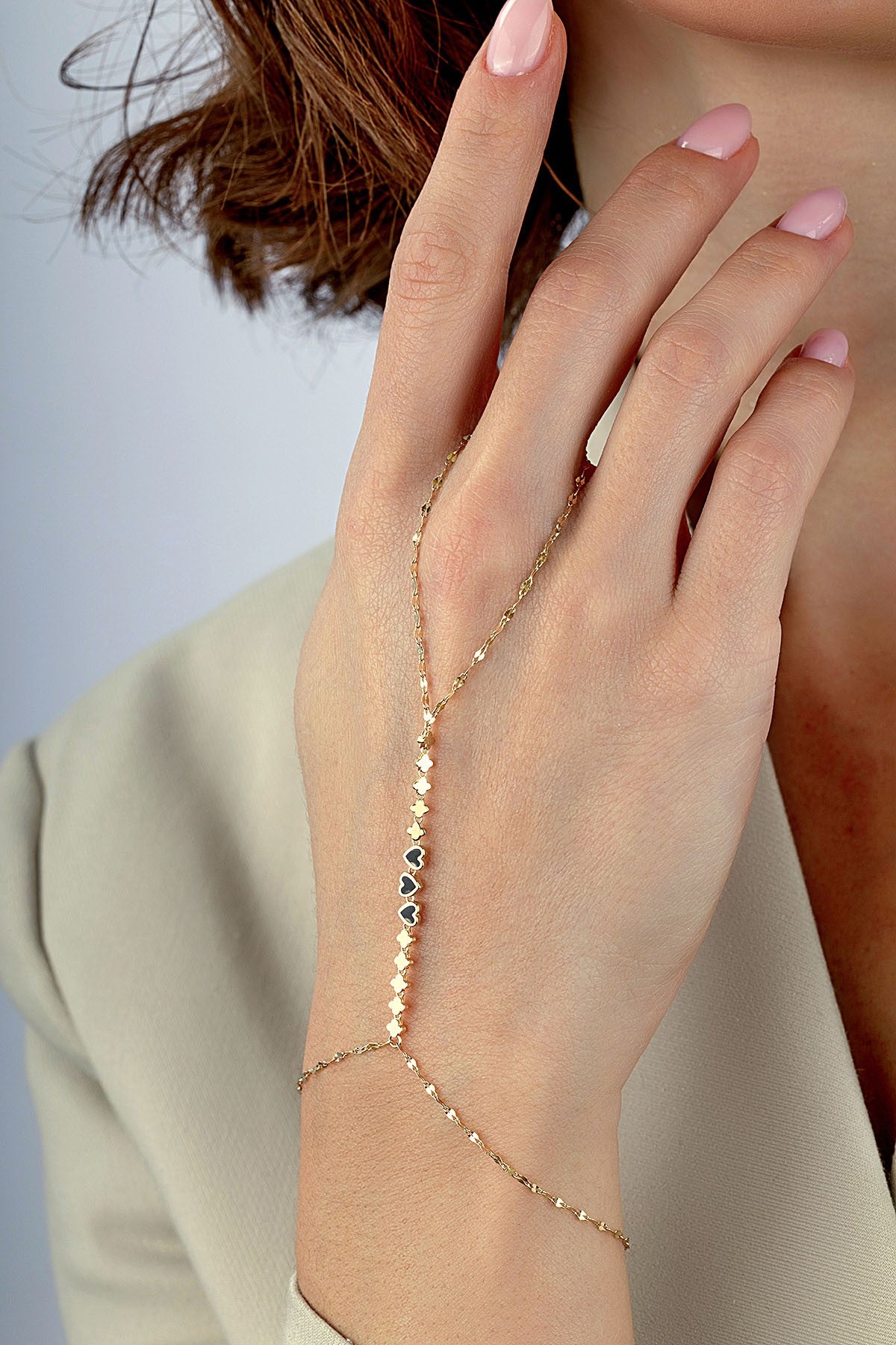 14K 3 Heart Gold Hand Chain Bracelet