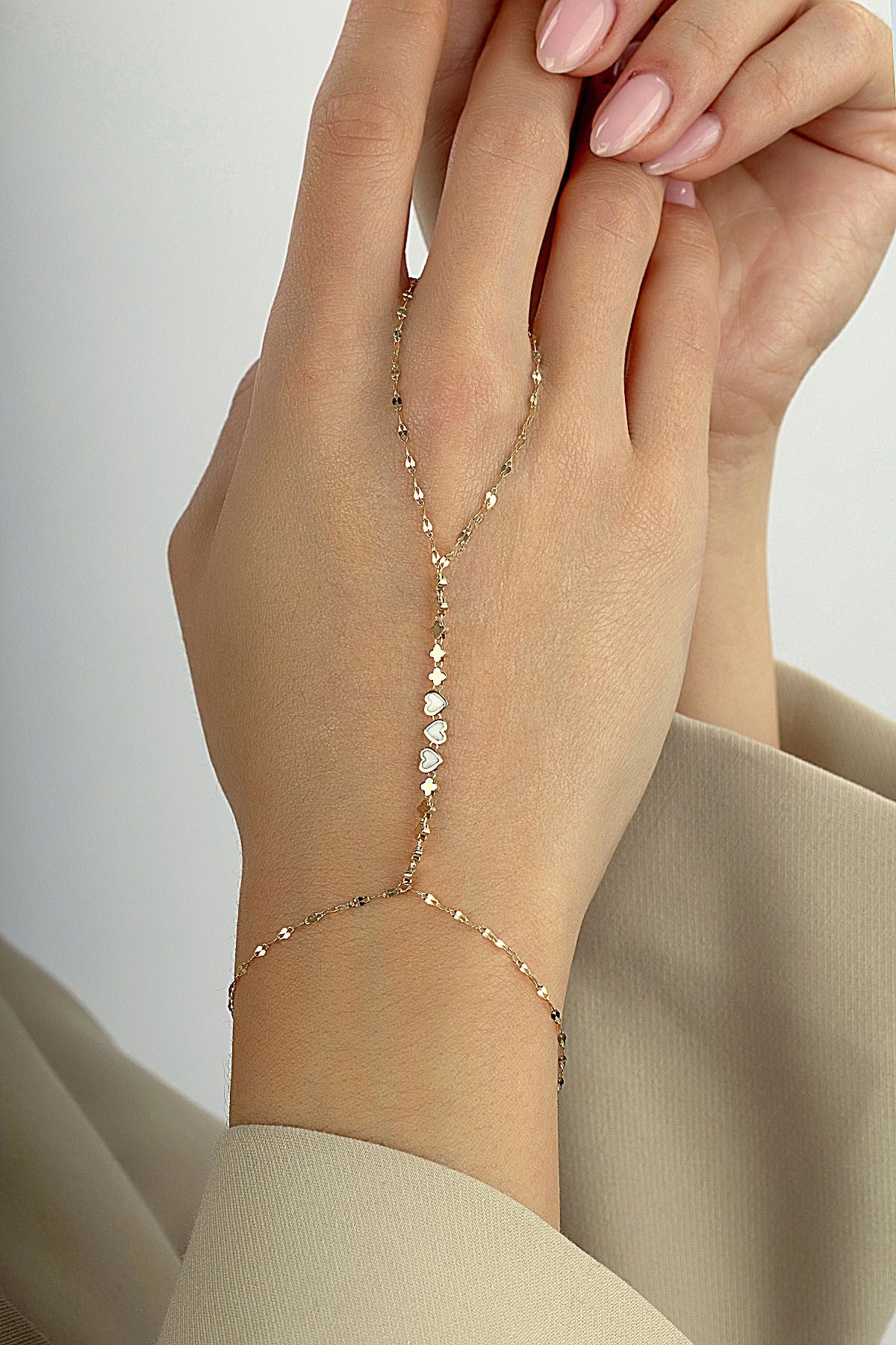 14K 3 Heart Gold Hand Chain Bracelet