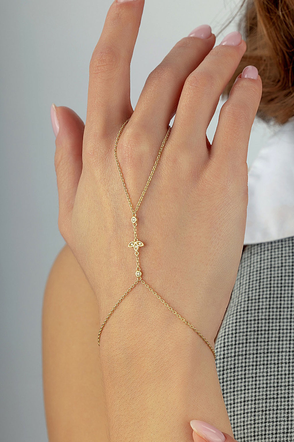 14K Stone-Set Gold Hand Chain Bracelet