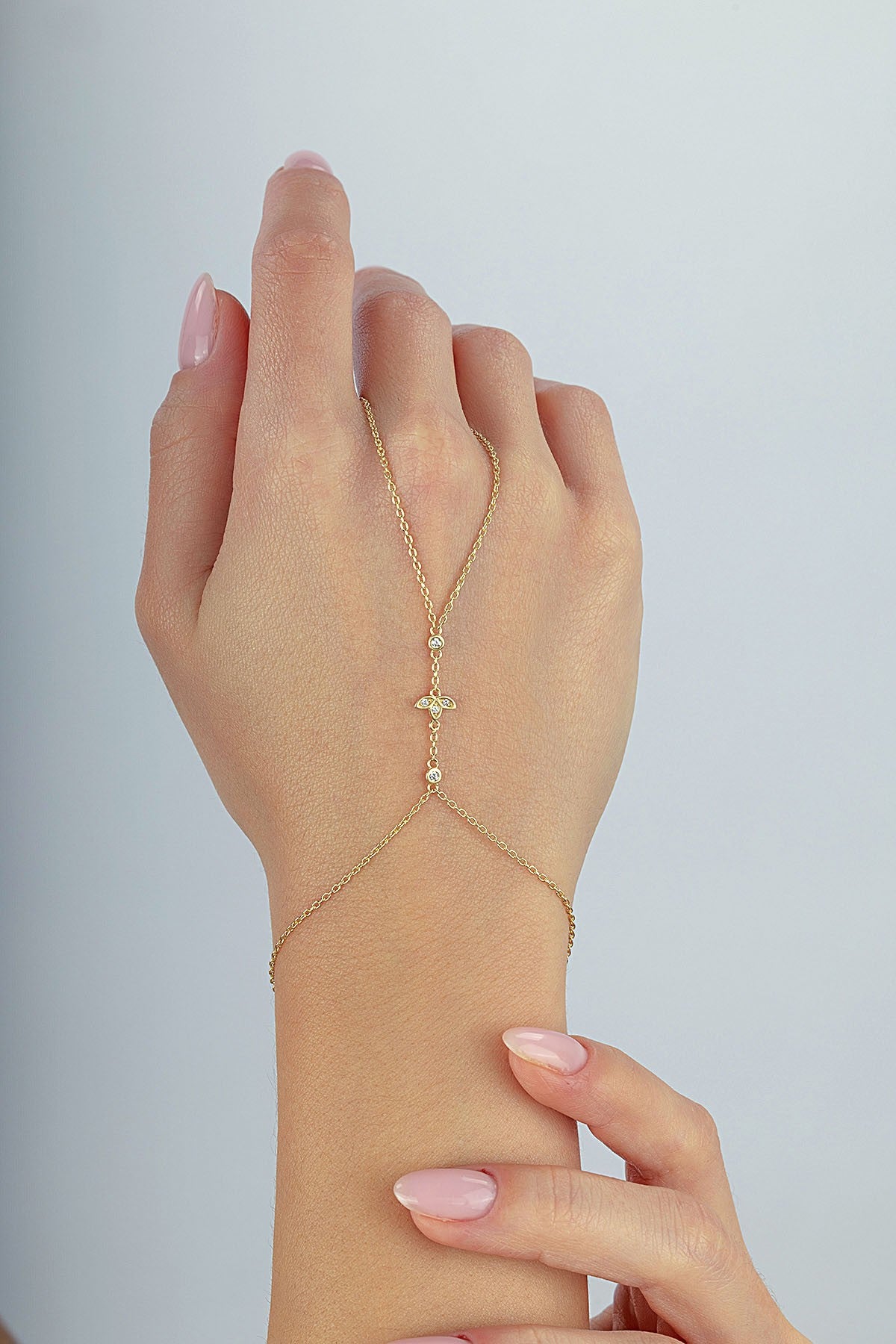 14K Stone-Set Gold Hand Chain Bracelet