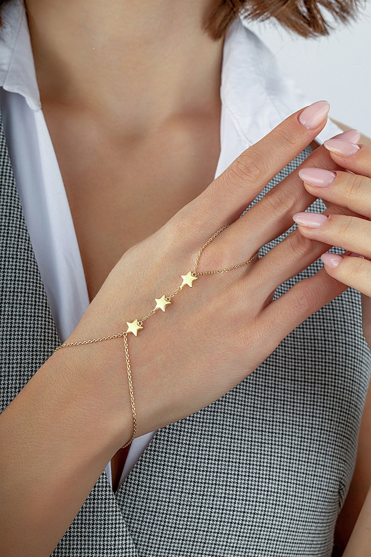 14K 3 Star Gold Hand Chain Bracelet