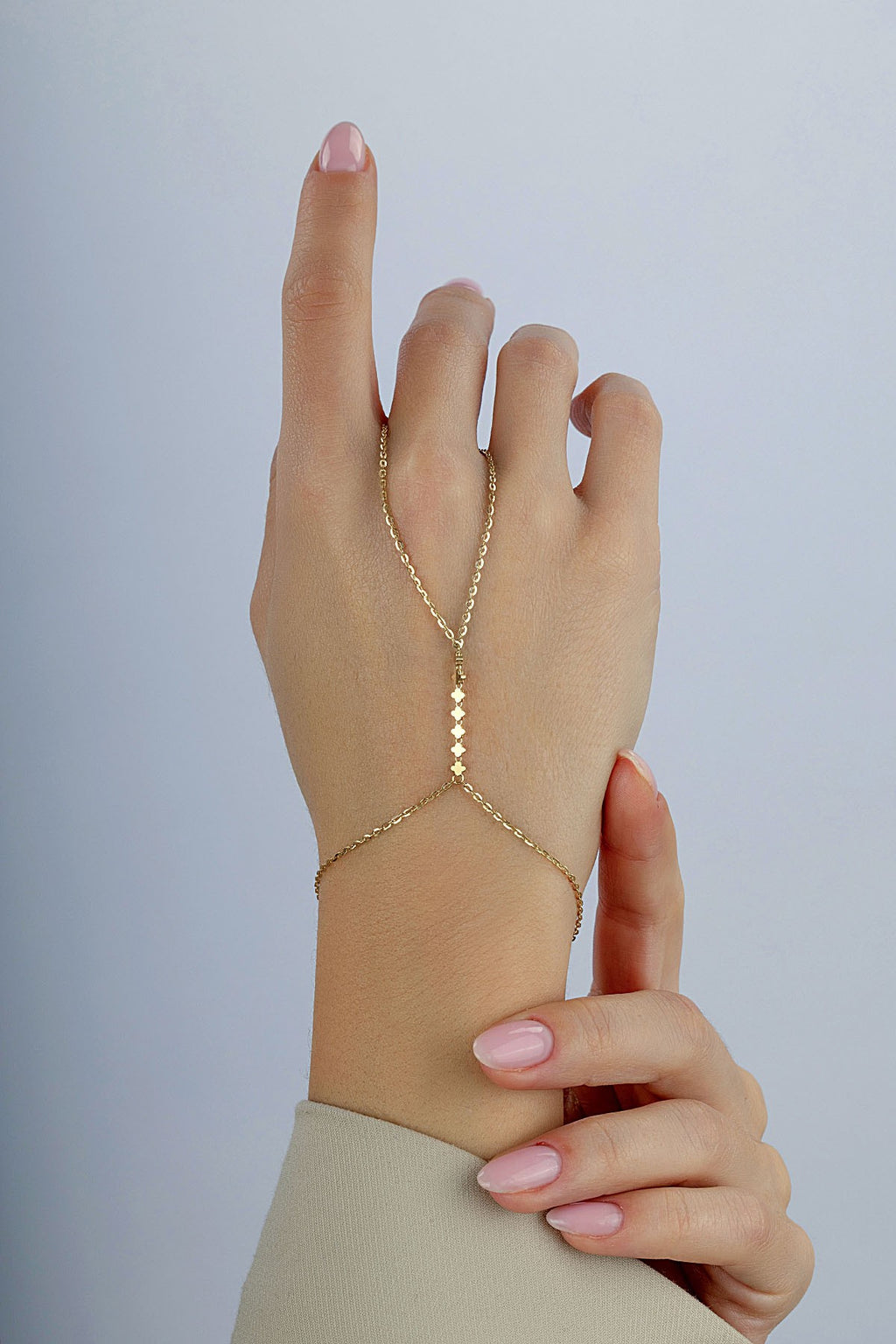 14K Row Clover Gold Hand Chain Bracelet