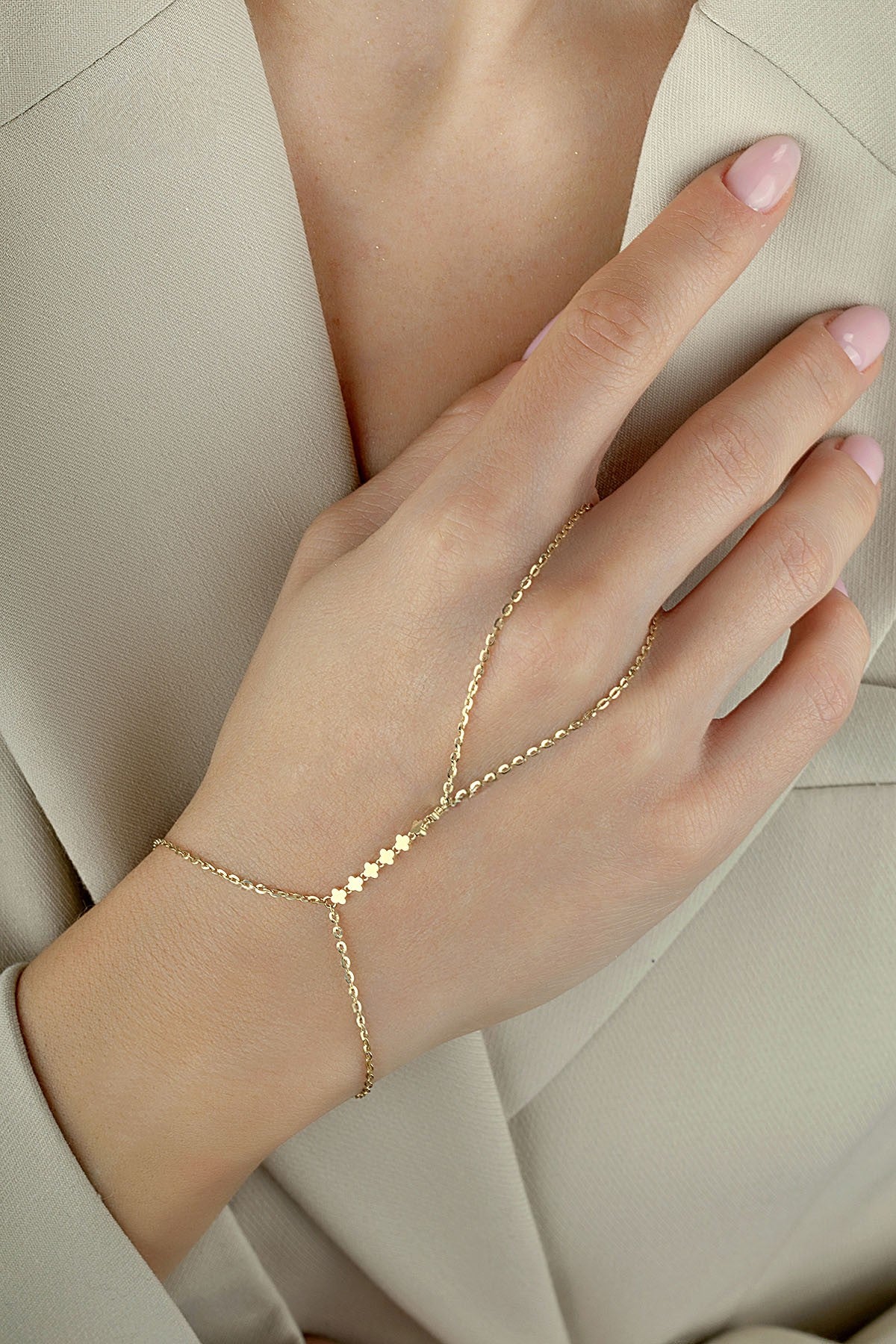 14K Row Clover Gold Hand Chain Bracelet