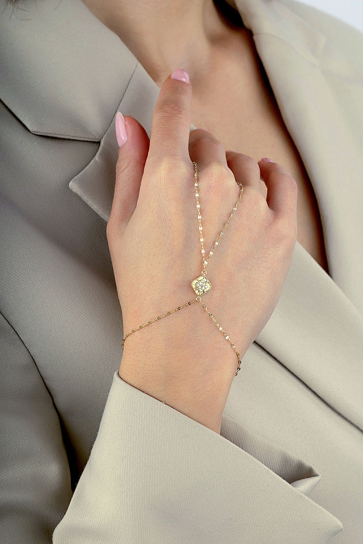 14K Stone-Set Gold Hand Chain Bracelet