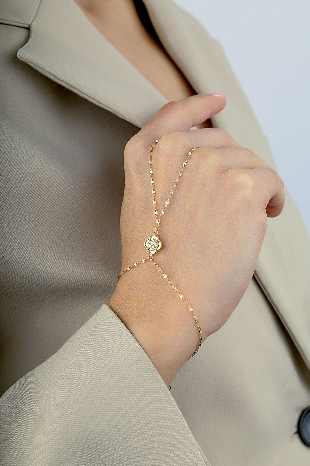 14K Stone-Set Gold Hand Chain Bracelet