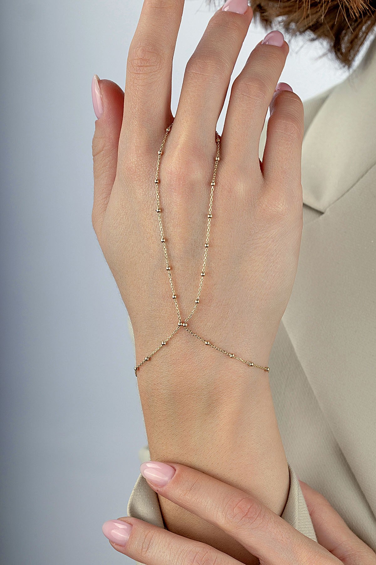 14K Delicate Chain Gold Hand Chain Bracelet
